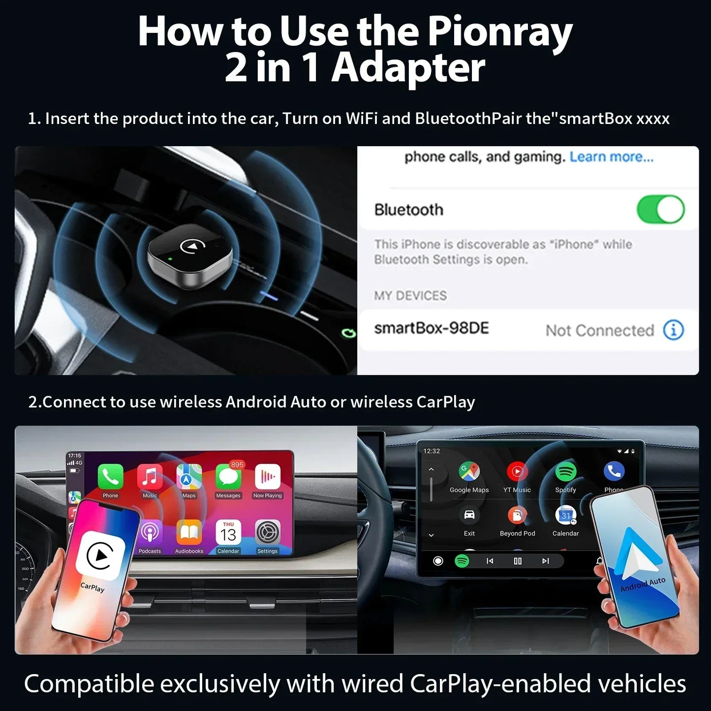 Adaptador CarPlay y Android Auto Inalámbrico – Compatible con el 99% de los Coches con CarPlay por Cable